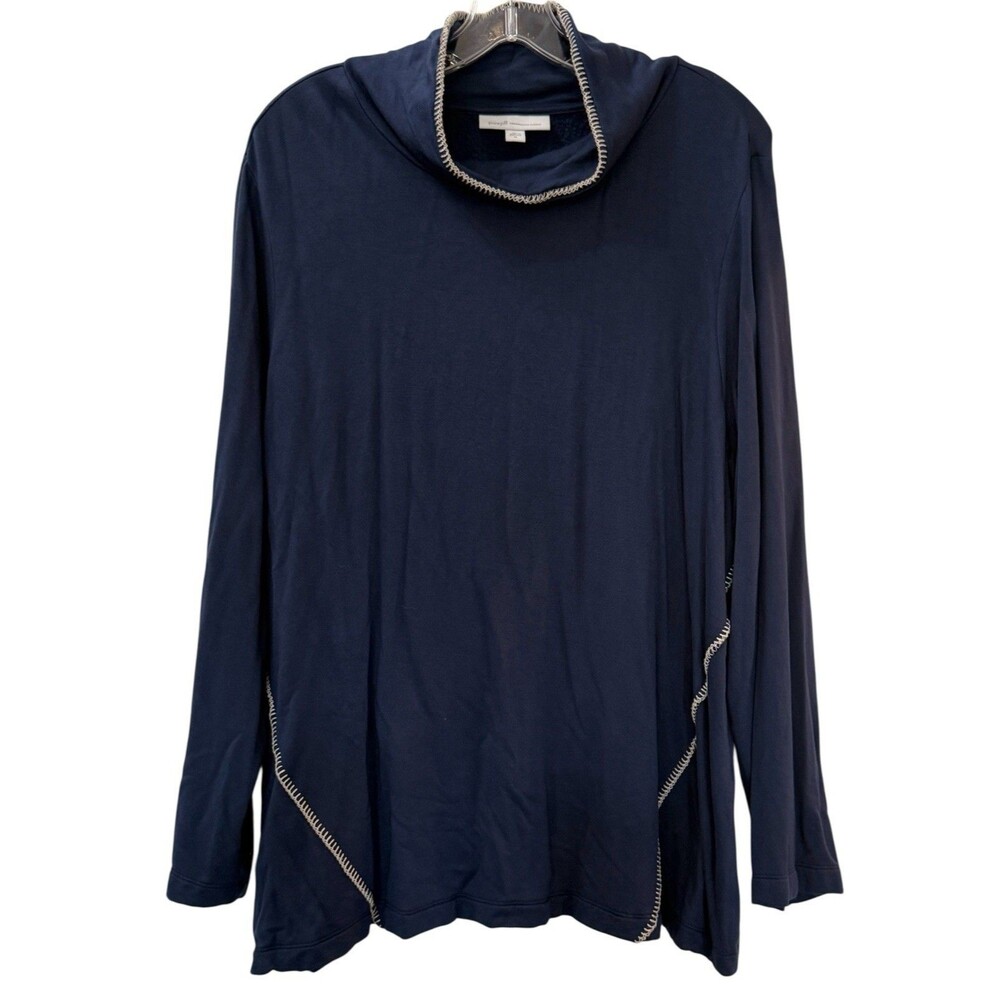 Pure Jill Tranquility Fleece Tunic Size XL Blue White Trim Long Sleeve Mock Neck
